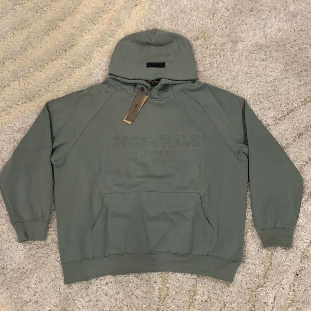 Essentials Fear of God Puff Print Logo Sycamore Green Hoodie Mens Size Large
